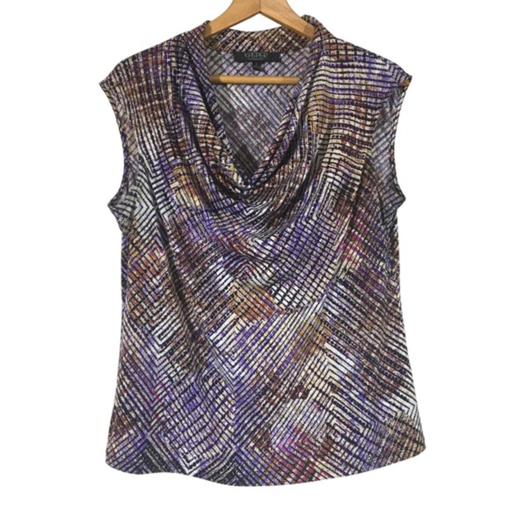 Kasper Separates Purple Black Cream Abstract Print‎ Sleeveless Top Blouse Size L